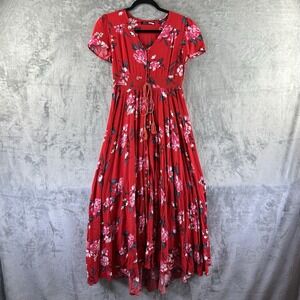 Simplee Maxi Dress Women's S Red Floral Print Button Front Elastic Waist